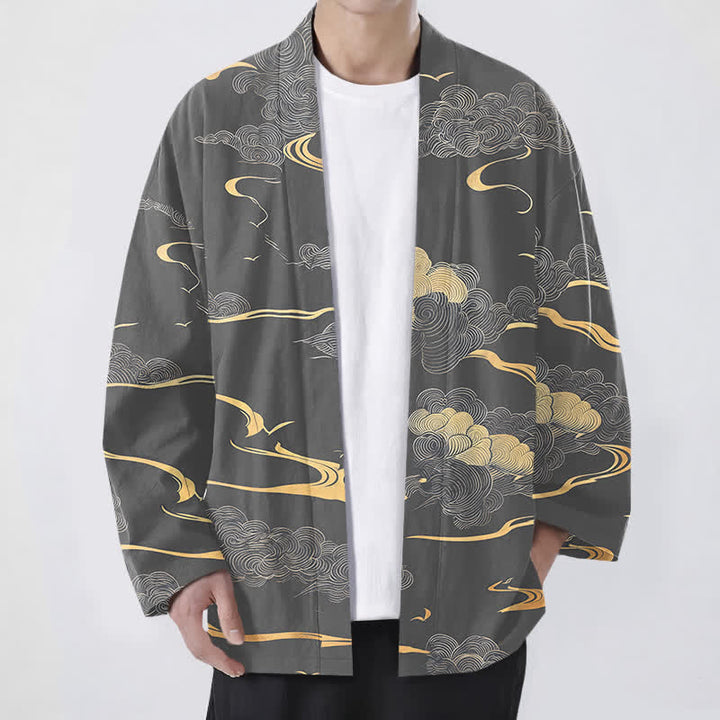 Buddha Stones Kimono pour homme en coton à motif nuage doré, ouvert sur le devant - Gris - US/UK/AU48，EU58 (4XL) - image 9