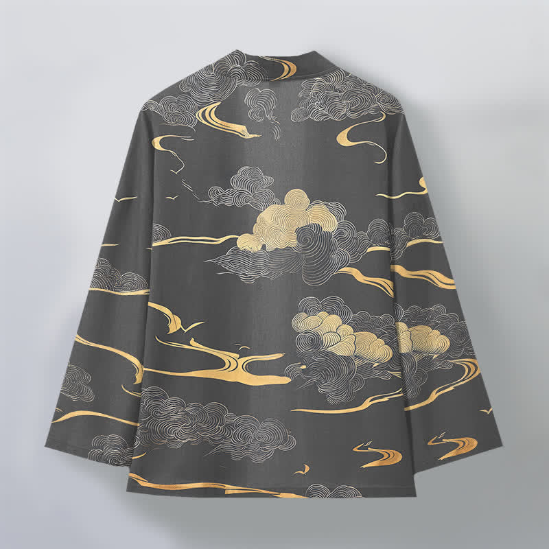 Buddha Stones Kimono pour homme en coton à motif nuage doré, ouvert sur le devant - image 11