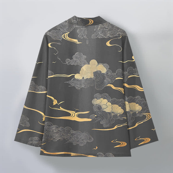 Buddha Stones Kimono pour homme en coton à motif nuage doré, ouvert sur le devant - image 11