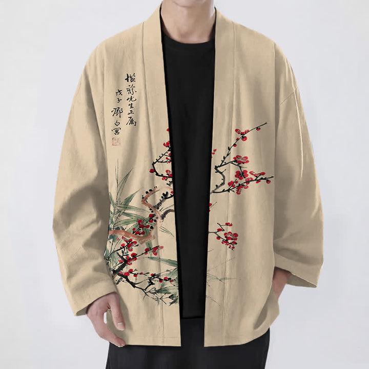 Buddha Stones Kimono pour homme en coton rouge prune à motif bambou, ouvert sur le devant - Blé - US/UK/AU48，EU58 (4XL) - image 0