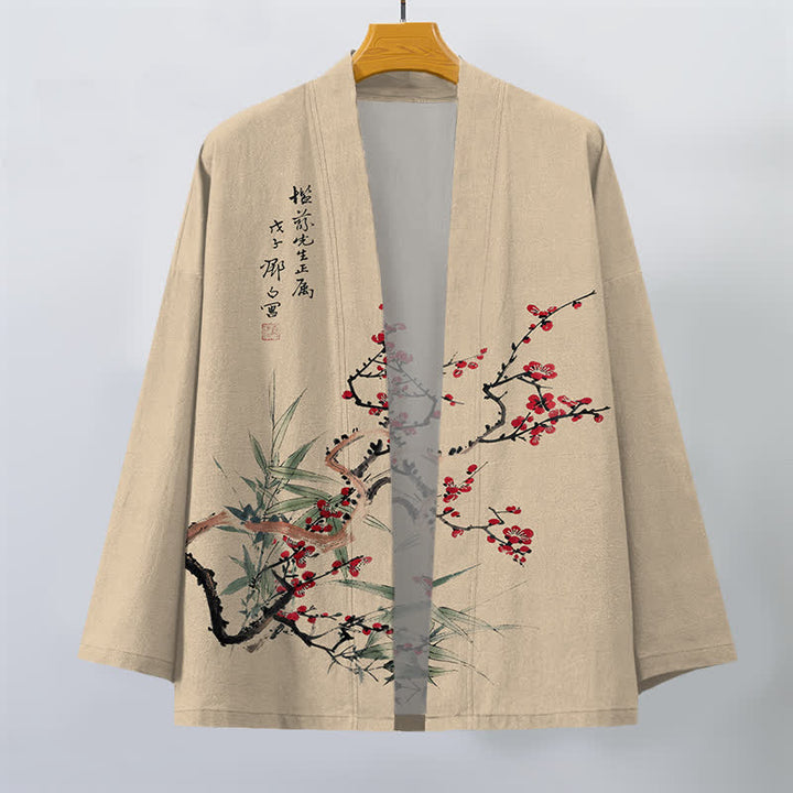 Buddha Stones Kimono pour homme en coton rouge prune à motif bambou, ouvert sur le devant - image 1