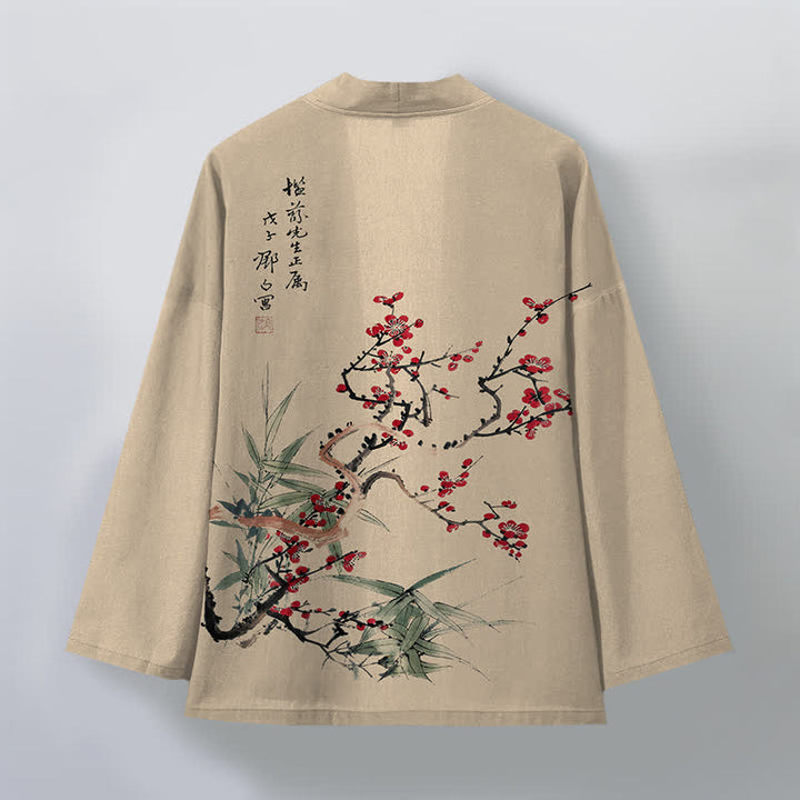 Buddha Stones Kimono pour homme en coton rouge prune à motif bambou, ouvert sur le devant - image 2