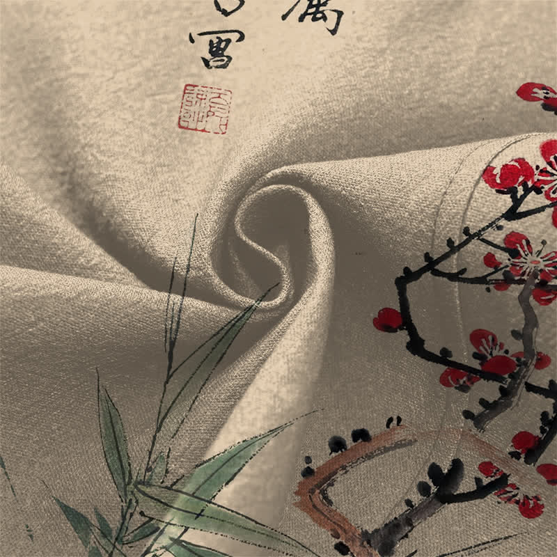 Buddha Stones Kimono pour homme en coton rouge prune à motif bambou, ouvert sur le devant - image 5