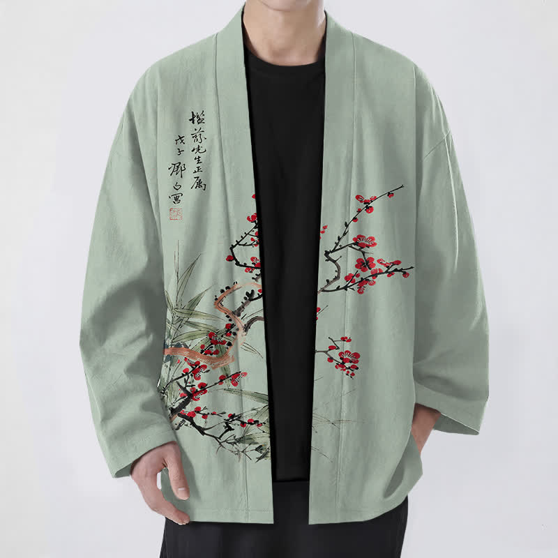 Buddha Stones Kimono pour homme en coton rouge prune à motif bambou, ouvert sur le devant - Vert foncé - US/UK/AU48，EU58 (4XL) - image 6