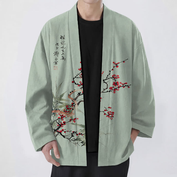 Buddha Stones Kimono pour homme en coton rouge prune à motif bambou, ouvert sur le devant - Vert foncé - US/UK/AU48，EU58 (4XL) - image 6