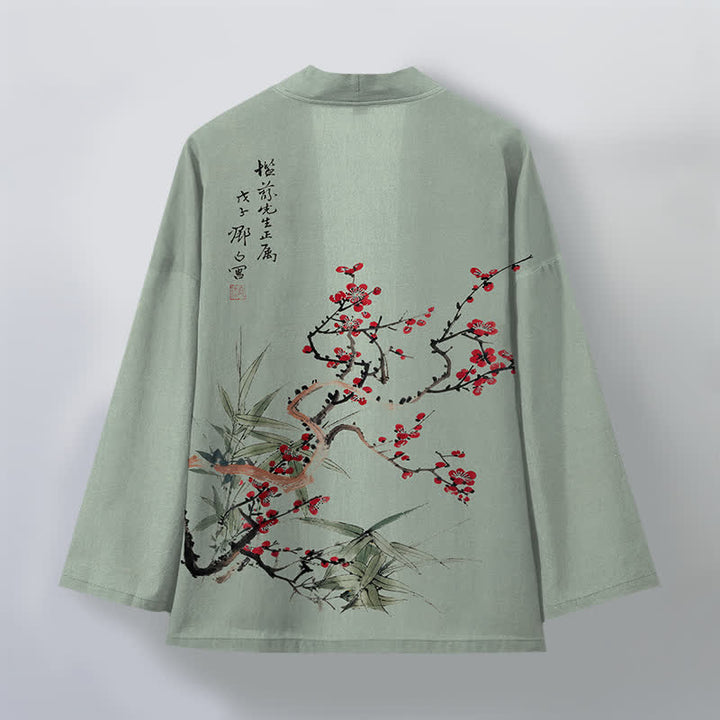 Buddha Stones Kimono pour homme en coton rouge prune à motif bambou, ouvert sur le devant - image 8