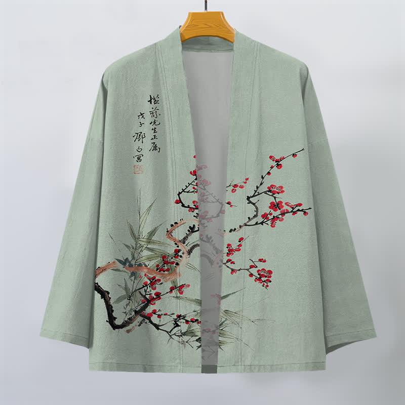 Buddha Stones Kimono pour homme en coton rouge prune à motif bambou, ouvert sur le devant - image 7
