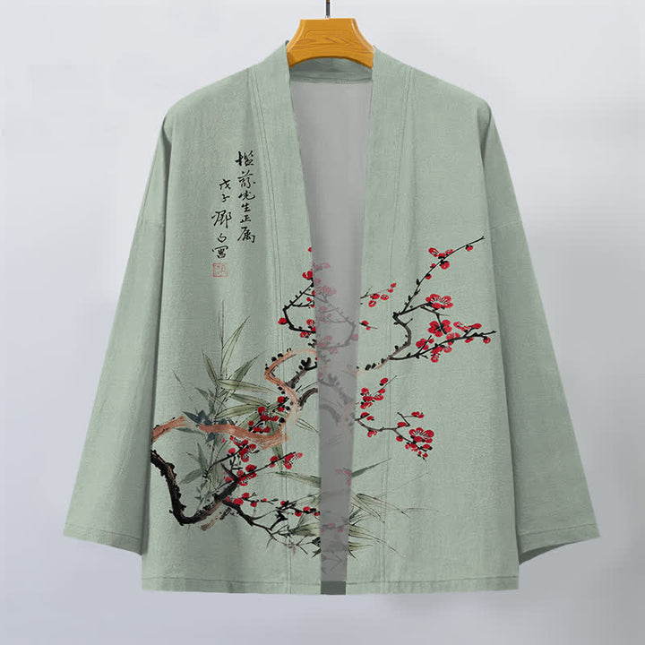 Buddha Stones Kimono pour homme en coton rouge prune à motif bambou, ouvert sur le devant - image 7
