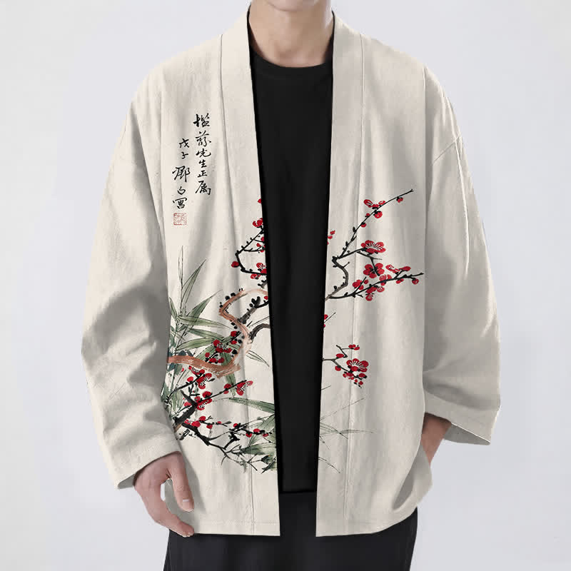 Buddha Stones Kimono pour homme en coton rouge prune à motif bambou, ouvert sur le devant - Beige - US/UK/AU48，EU58 (4XL) - image 9