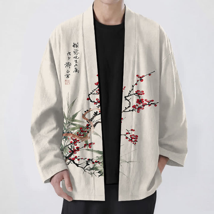 Buddha Stones Kimono pour homme en coton rouge prune à motif bambou, ouvert sur le devant - Beige - US/UK/AU48，EU58 (4XL) - image 9
