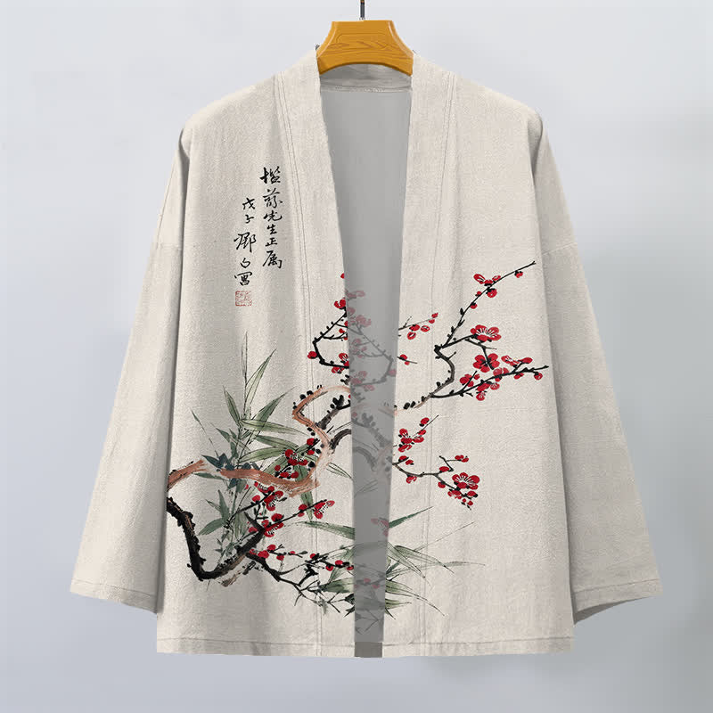 Buddha Stones Kimono pour homme en coton rouge prune à motif bambou, ouvert sur le devant - image 10