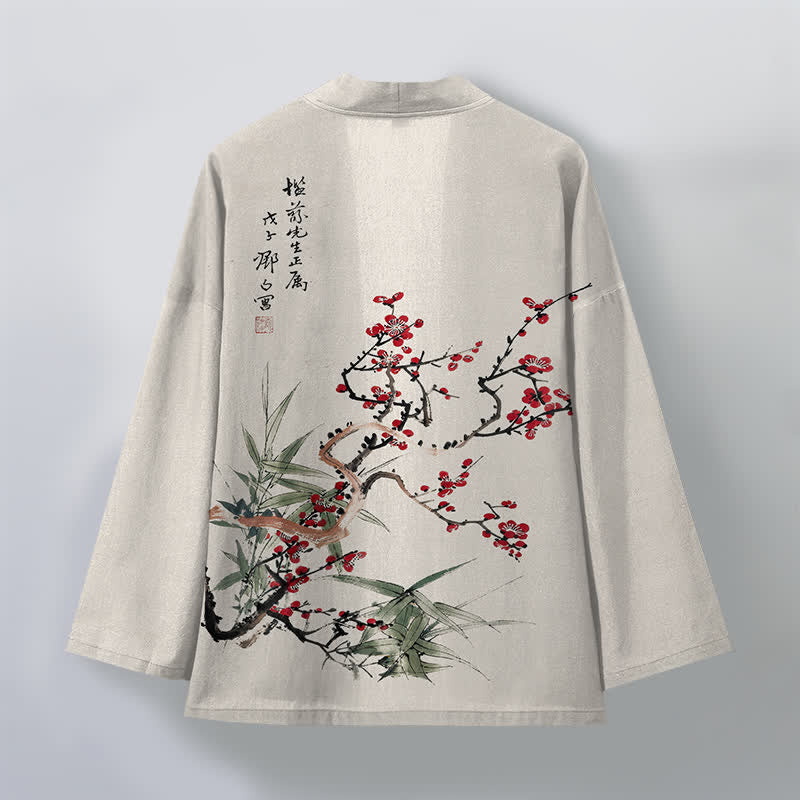 Buddha Stones Kimono pour homme en coton rouge prune à motif bambou, ouvert sur le devant - image 11