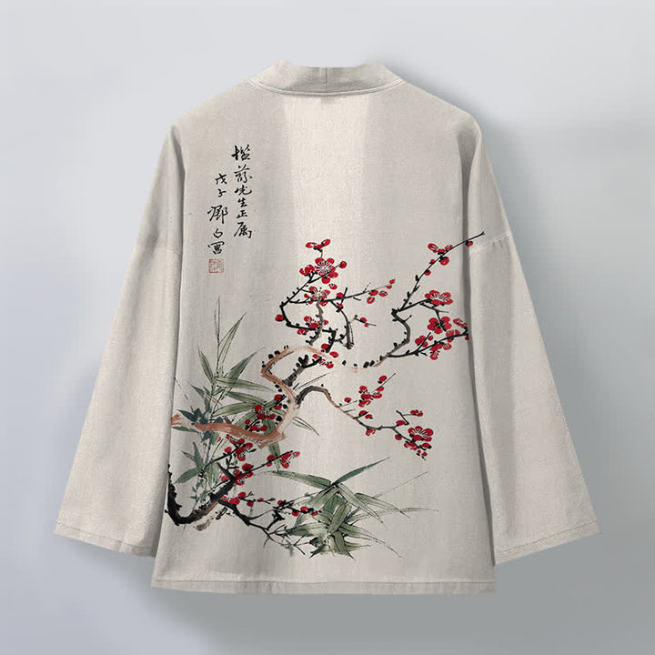 Buddha Stones Kimono pour homme en coton rouge prune à motif bambou, ouvert sur le devant - image 11