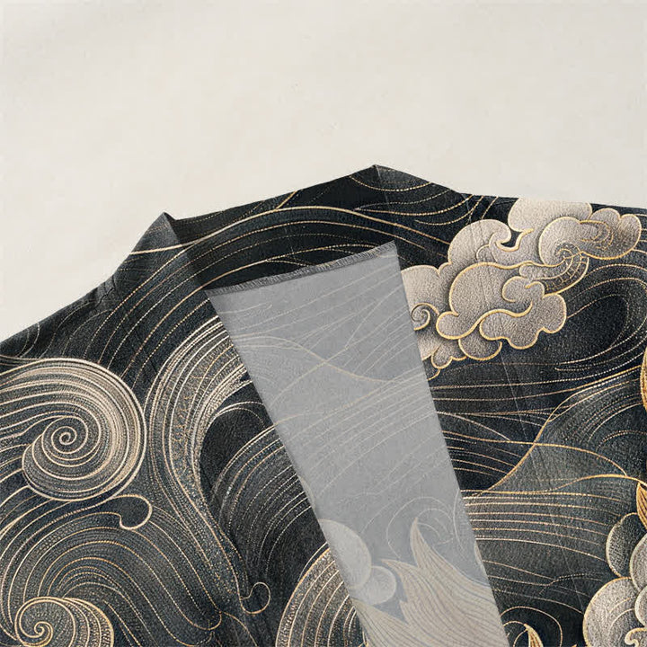 Buddha Stones Kimono pour homme en coton à motif de nuage de dragon doré, ouvert sur le devant - image 3