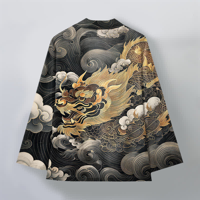 Buddha Stones Kimono pour homme en coton à motif de nuage de dragon doré, ouvert sur le devant - image 2