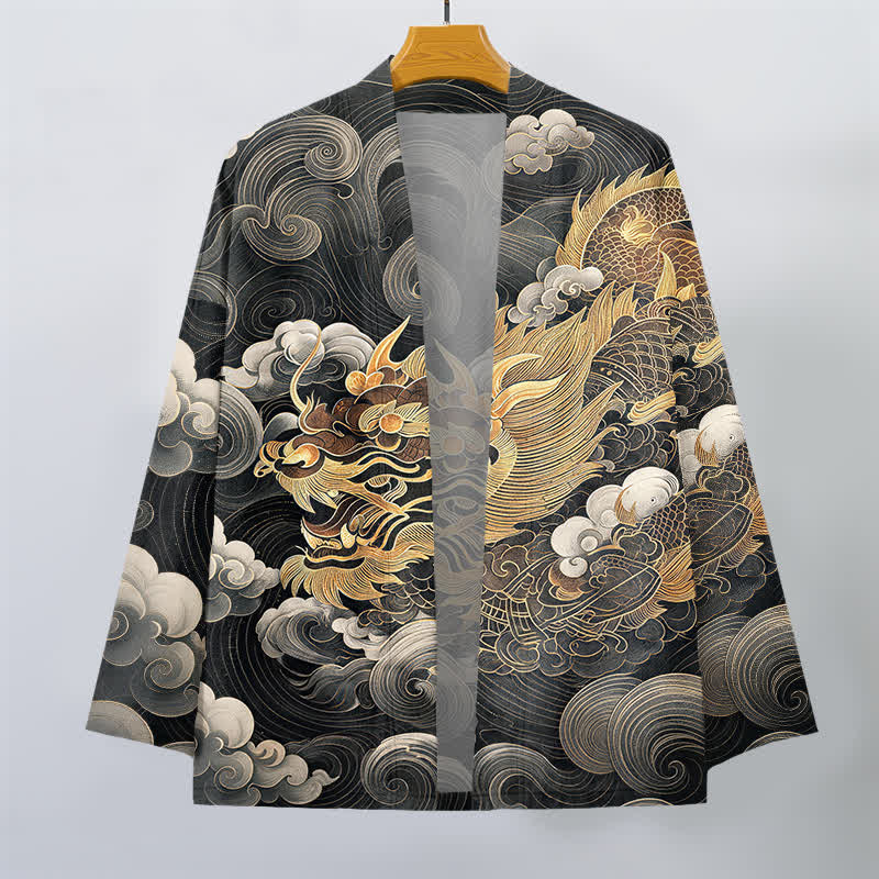 Buddha Stones Kimono pour homme en coton à motif de nuage de dragon doré, ouvert sur le devant - image 1