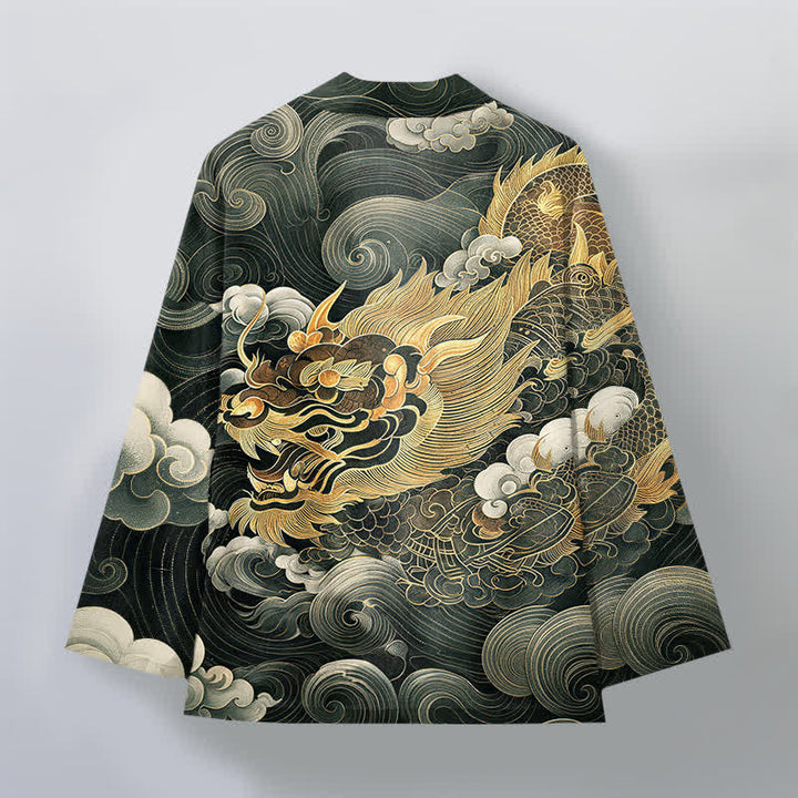 Buddha Stones Kimono pour homme en coton à motif de nuage de dragon doré, ouvert sur le devant - image 8
