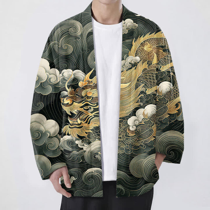 Buddha Stones Kimono pour homme en coton à motif de nuage de dragon doré, ouvert sur le devant - Vert foncé - US/UK/AU48，EU58 (4XL) - image 6