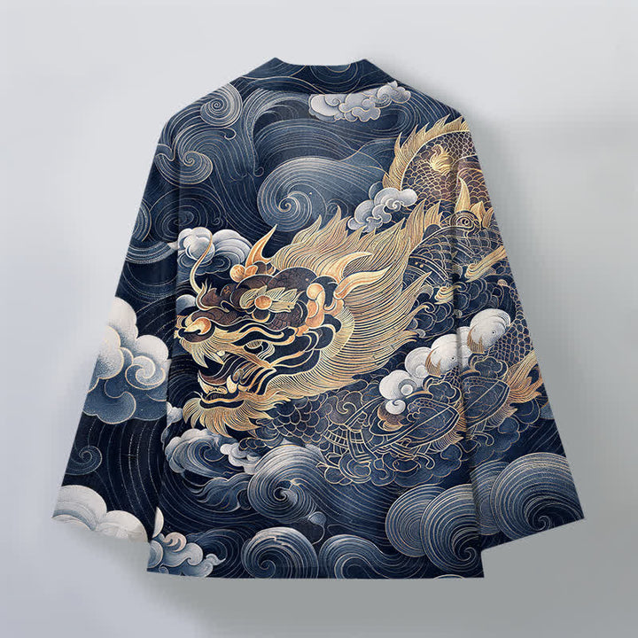 Buddha Stones Kimono pour homme en coton à motif de nuage de dragon doré, ouvert sur le devant - image 11