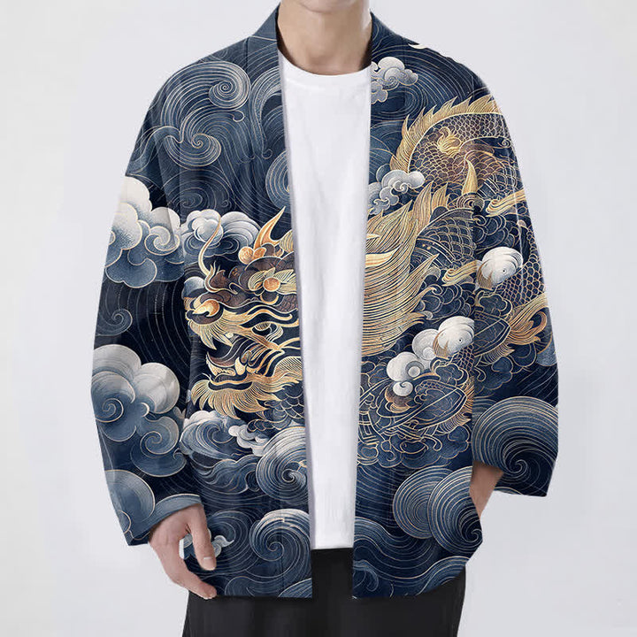 Buddha Stones Kimono pour homme en coton à motif de nuage de dragon doré, ouvert sur le devant - Marine - US/UK/AU48，EU58 (4XL) - image 9