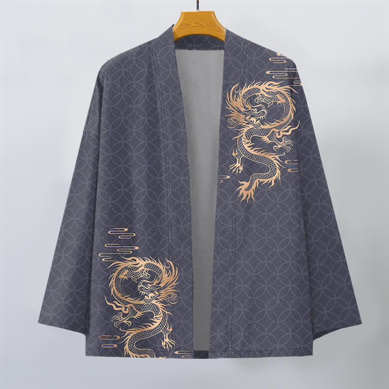 Buddha Stones Kimono pour homme en coton à motif géométrique de dragon doré et cercle ouvert sur le devant - image 1