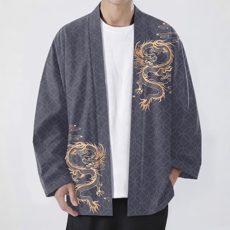 Buddha Stones Kimono pour homme en coton à motif géométrique de dragon doré et cercle ouvert sur le devant - Gris ardoise - US/UK/AU48，EU58 (4XL) - image 0