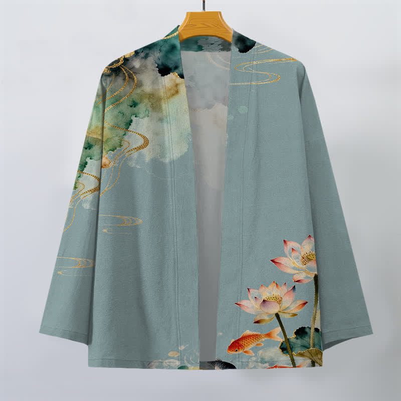 Buddha Stones Kimono pour homme en coton à motif de lotus, carpes koï et nuages ​​d'encre, ouvert sur le devant - image 1