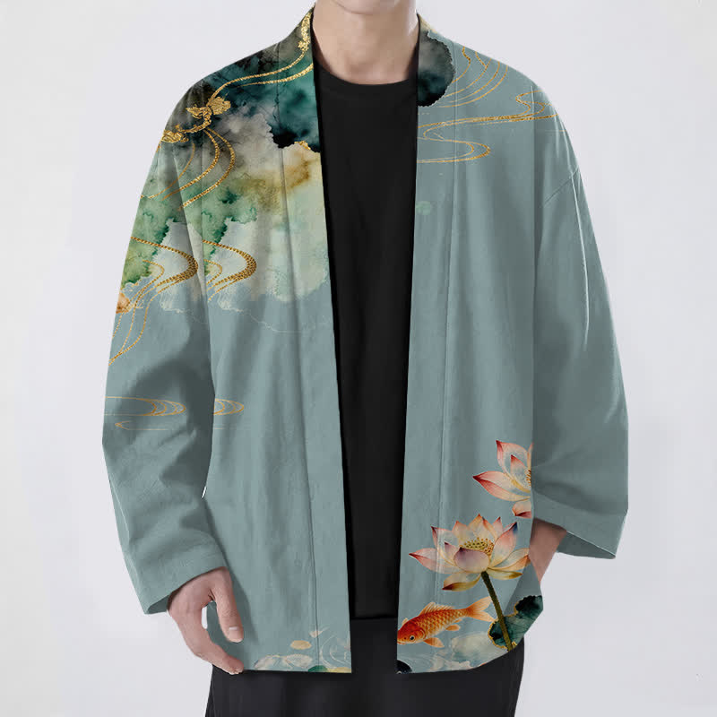 Buddha Stones Kimono pour homme en coton à motif de lotus, carpes koï et nuages ​​d'encre, ouvert sur le devant - CadetBlue - US/UK/AU48，EU58 (4XL) - image 0