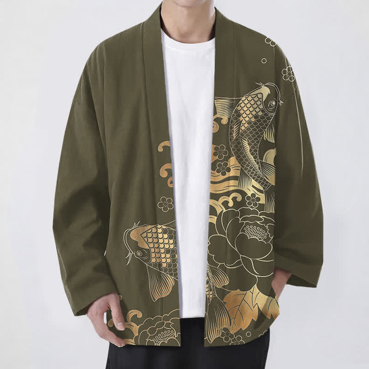 Buddha Stones Kimono pour homme en coton à motif floral de carpes koï dorées, ouvert sur le devant - Olive - US/UK/AU48，EU58 (4XL) - image 0