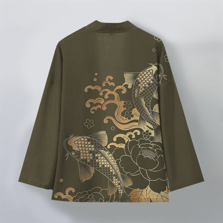 Buddha Stones Kimono pour homme en coton à motif floral de carpes koï dorées, ouvert sur le devant - image 2