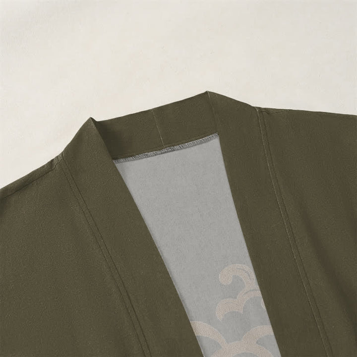 Buddha Stones Kimono pour homme en coton à motif floral de carpes koï dorées, ouvert sur le devant - image 3