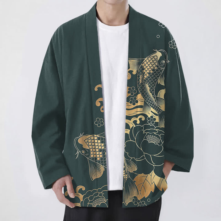 Buddha Stones Kimono pour homme en coton à motif floral de carpes koï dorées, ouvert sur le devant - Sarcelle - US/UK/AU48，EU58 (4XL) - image 6