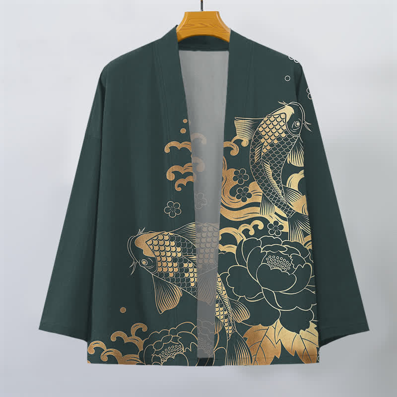 Buddha Stones Kimono pour homme en coton à motif floral de carpes koï dorées, ouvert sur le devant - image 7