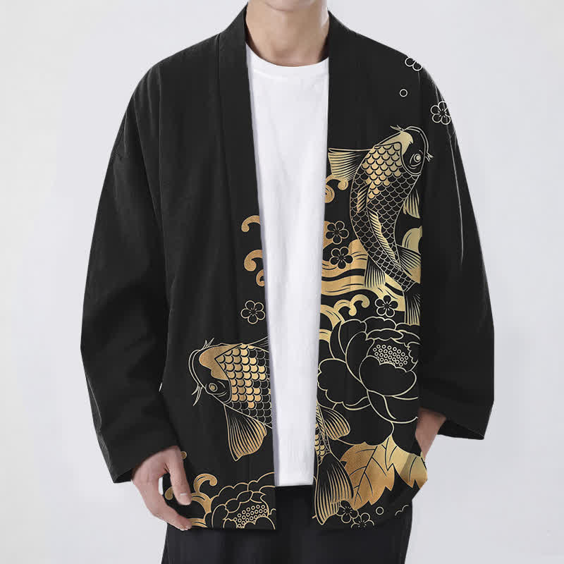 Buddha Stones Kimono pour homme en coton à motif floral de carpes koï dorées, ouvert sur le devant - Noir - US/UK/AU48，EU58 (4XL) - image 9