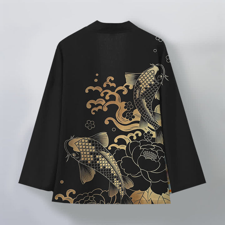 Buddha Stones Kimono pour homme en coton à motif floral de carpes koï dorées, ouvert sur le devant - image 11