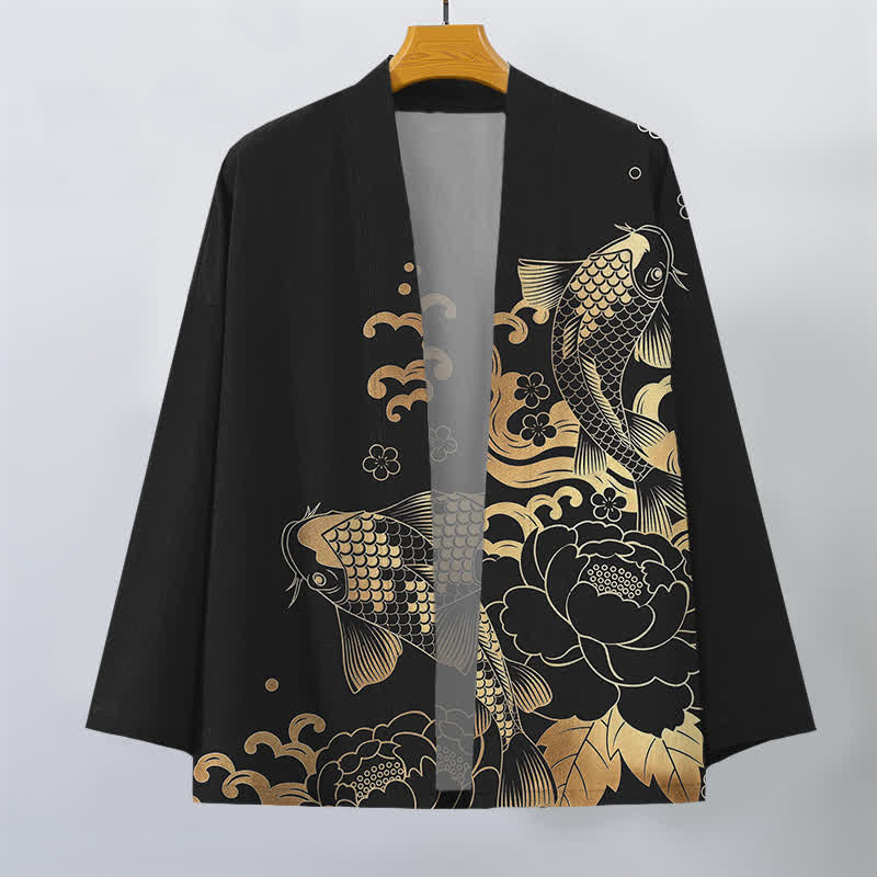 Buddha Stones Kimono pour homme en coton à motif floral de carpes koï dorées, ouvert sur le devant - image 10