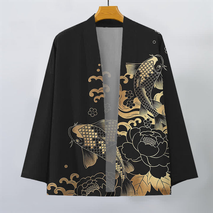 Buddha Stones Kimono pour homme en coton à motif floral de carpes koï dorées, ouvert sur le devant - image 10
