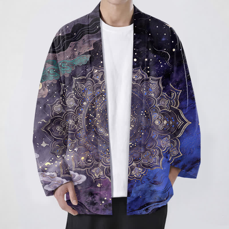 Buddha Stones Kimono pour homme en coton à motif mandala galactique ouvert sur le devant - Indigo - US/UK/AU48，EU58 (4XL) - image 0