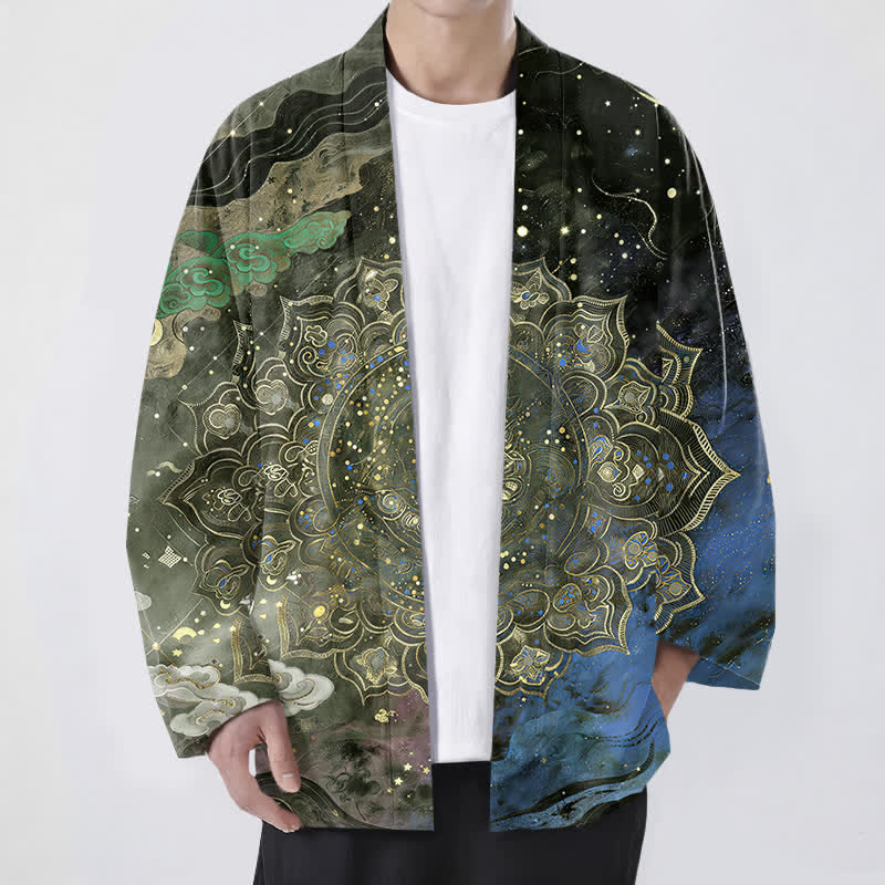 Buddha Stones Kimono pour homme en coton à motif mandala galactique ouvert sur le devant - Vert olive foncé - US/UK/AU48，EU58 (4XL) - image 6