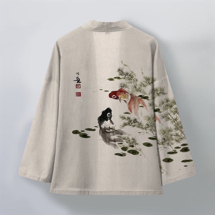 Buddha Stones Kimono pour homme en coton à motif koi lotus lavé à l'encre, ouvert sur le devant - image 2