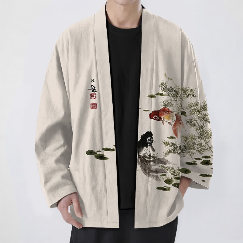 Buddha Stones Kimono pour homme en coton à motif koi lotus lavé à l'encre, ouvert sur le devant - Beige - US/UK/AU48，EU58 (4XL) - image 0