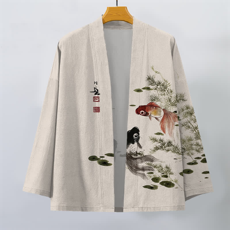 Buddha Stones Kimono pour homme en coton à motif koi lotus lavé à l'encre, ouvert sur le devant - image 1