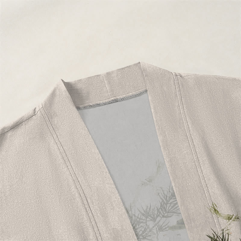 Buddha Stones Kimono pour homme en coton à motif koi lotus lavé à l'encre, ouvert sur le devant - image 3