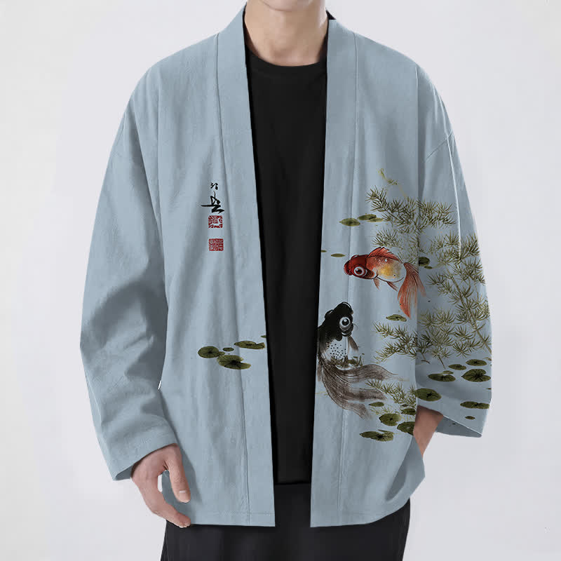 Buddha Stones Kimono pour homme en coton à motif koi lotus lavé à l'encre, ouvert sur le devant - Bleu acier clair - US/UK/AU48，EU58 (4XL) - image 6