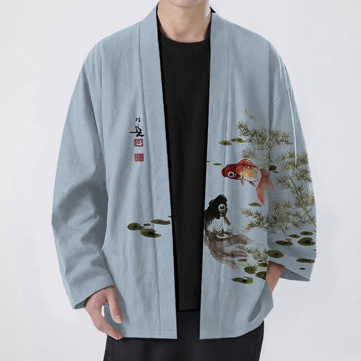 Buddha Stones Kimono pour homme en coton à motif koi lotus lavé à l'encre, ouvert sur le devant - Bleu acier clair - US/UK/AU48，EU58 (4XL) - image 6