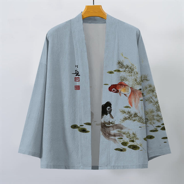 Buddha Stones Kimono pour homme en coton à motif koi lotus lavé à l'encre, ouvert sur le devant - image 7