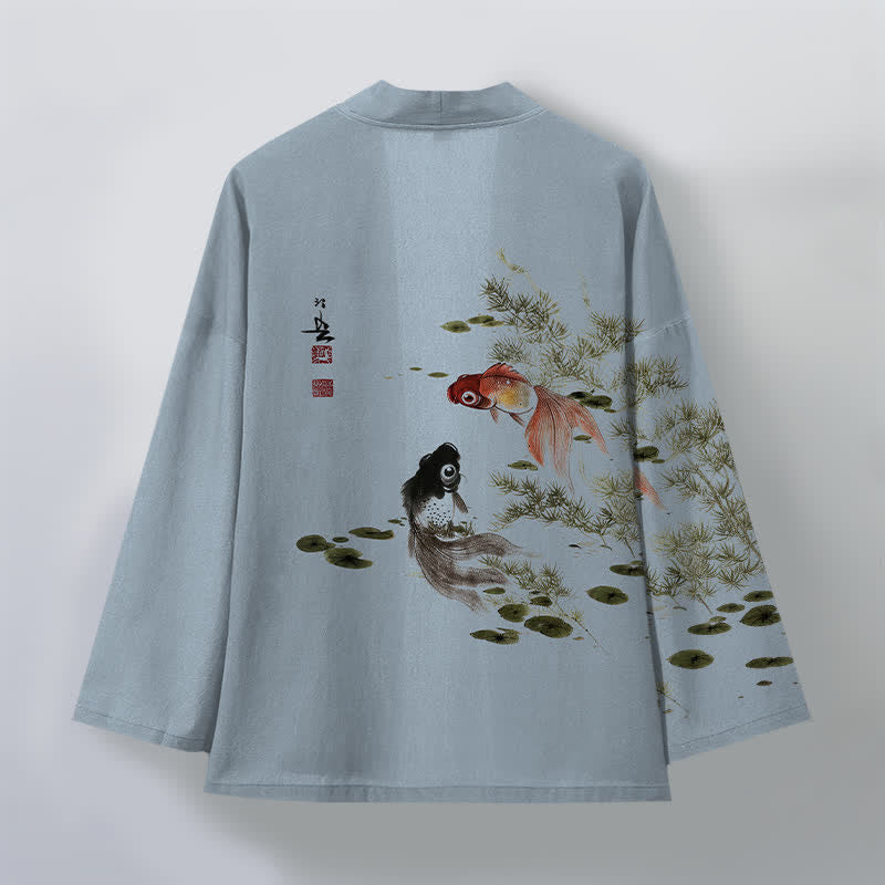Buddha Stones Kimono pour homme en coton à motif koi lotus lavé à l'encre, ouvert sur le devant - image 8