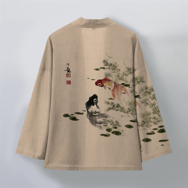Buddha Stones Kimono pour homme en coton à motif koi lotus lavé à l'encre, ouvert sur le devant - image 11