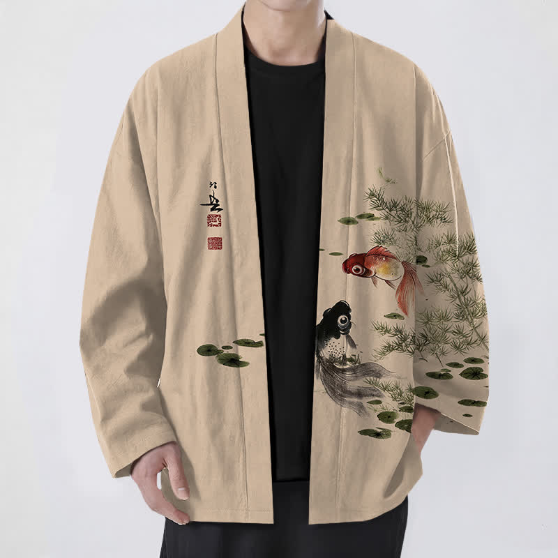 Buddha Stones Kimono pour homme en coton à motif koi lotus lavé à l'encre, ouvert sur le devant - Blé - US/UK/AU48，EU58 (4XL) - image 9