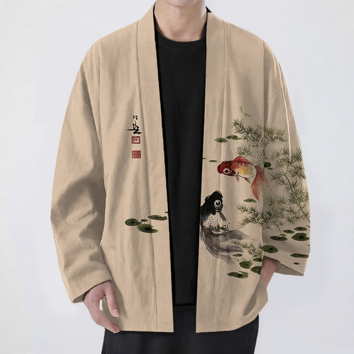 Buddha Stones Kimono pour homme en coton à motif koi lotus lavé à l'encre, ouvert sur le devant - Blé - US/UK/AU48，EU58 (4XL) - image 9